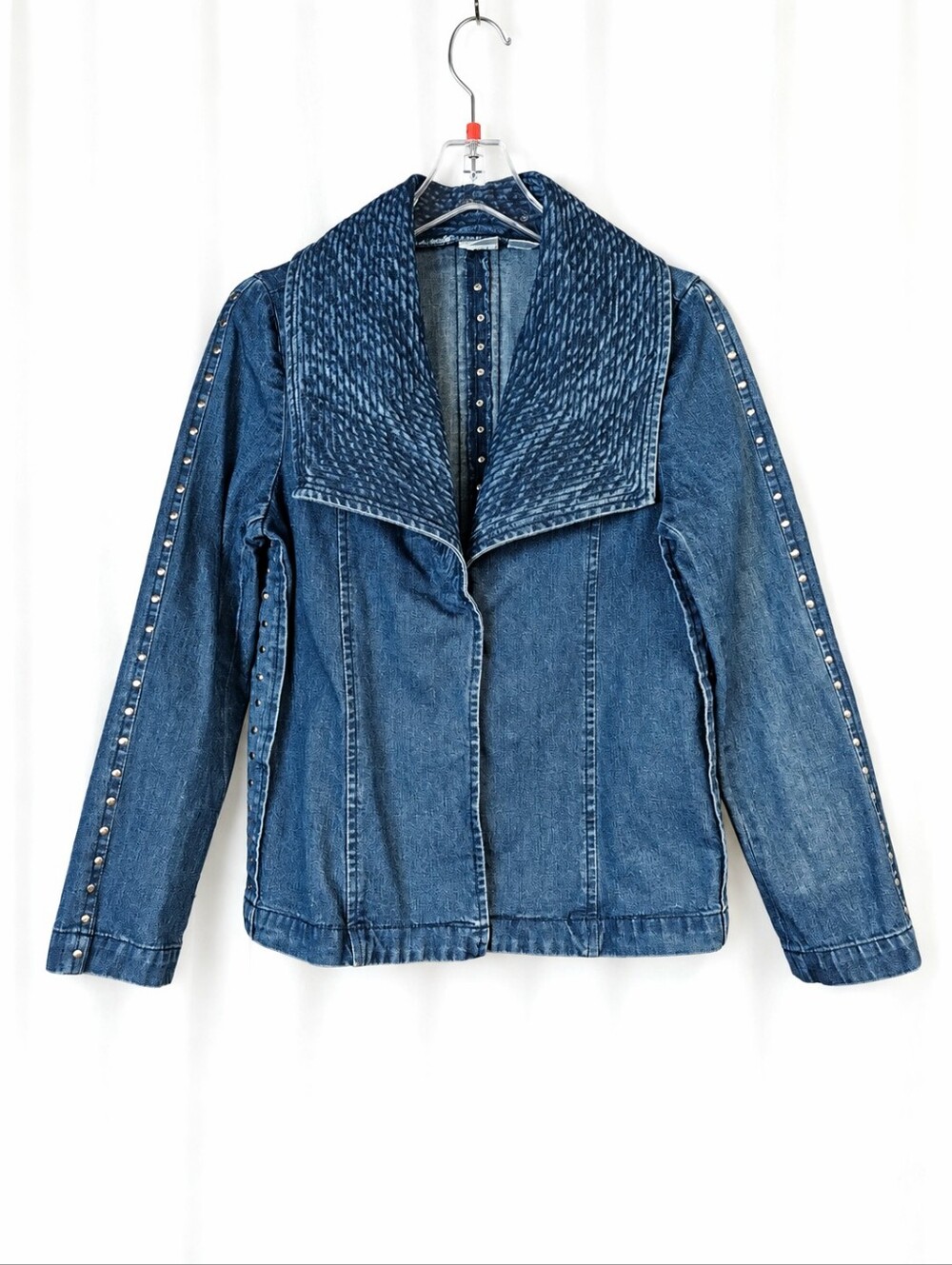 Bleu Bayou Y2K Silver Studded Washed Denim Shawl Collar Western Jean Jacket